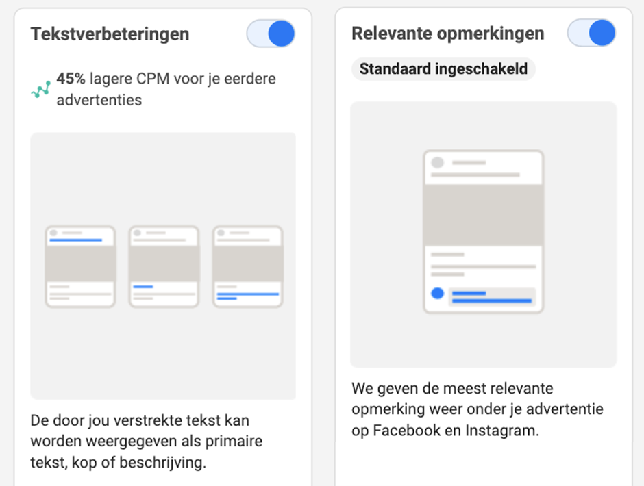 tekstverbetering en relevante opmerkingen Meta Advantage+ Creative advertenties